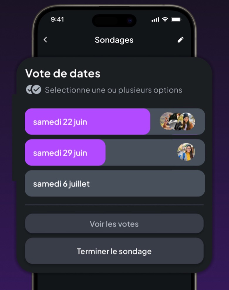 Un vote de dates dans FestUp, avec plusieurs samedis proposés.